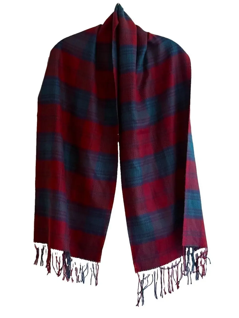 Vintage Savile Row Tartan Plaid Scarf Red Green Fringe 64” Made in Korea